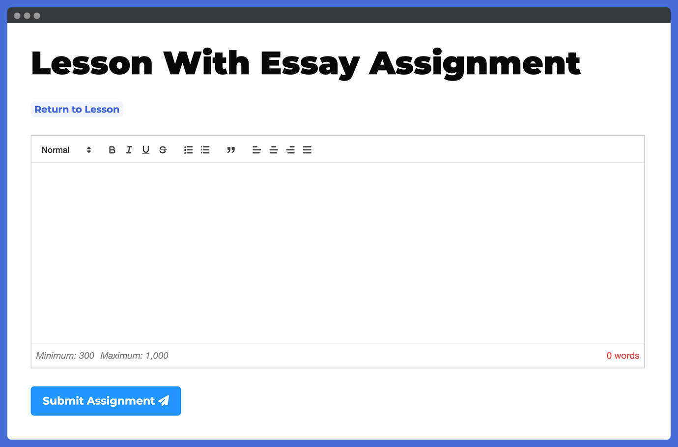 Screenshot of the LifterLMS Essay Assignment Type for Student Submission