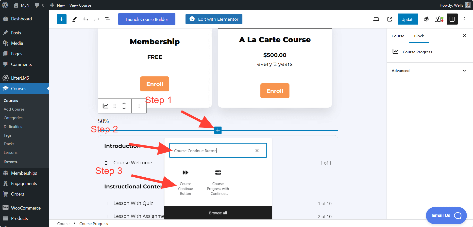 LifterLMS Course Continue Button Block Adding Process