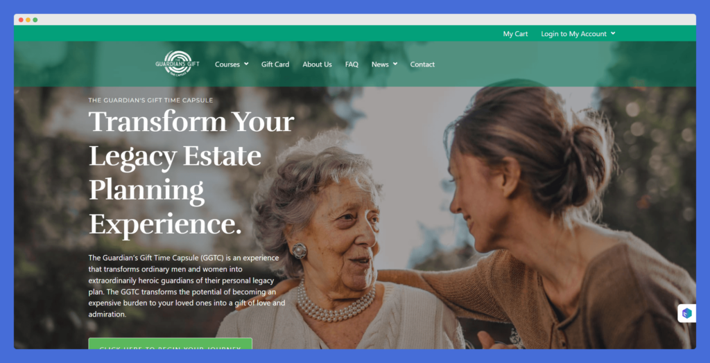 Image of the Home Page of The Guardian's Gift Website by Judy Butler